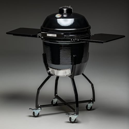 19” Large Kamado Gourmet Revolutionary Ceramic Grill & Smoker – Includes Cart, Bamboo Side Shelves, Patented Forge Fire Chamber, Versa-Grid Cooking System, Built-in Thermometer – Black Pepper