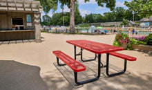 Barco Products SuperSaver Commercial Rectangular Picnic Table, 6 ft Seats 6, Red Thermoplastic-Coated Expanded Metal, 1-5/8 in. Umbrella Hole, Portable or Surface Mount, 10-Year Guarantee