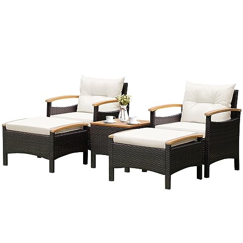 ZSLKDL 5PCS Patio Rattan Furniture Set Sofa Ottoman Cushioned Table W/Wood Top