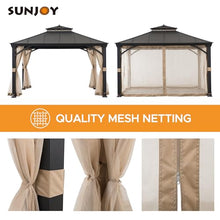 Sunjoy Hardtop Gazebo 11x13 ft Outdoor Patio Black Aluminum Frame Double Tiered with Mesh Netting