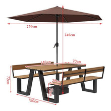 MJJRWF Waterproof WPC Table and Chair Set with Sun Umbrella, Benches with Backrests, for Outdoor Dining/Coffee Shop/Backyard Picnics/Patio(Black,140x70x75cm)