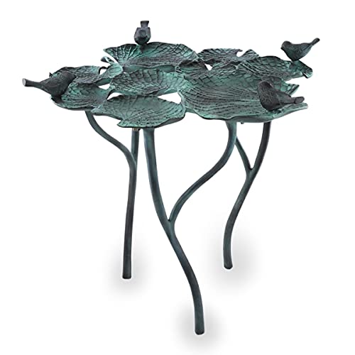 SPI Home Bird Quartet on Leaves Cast Aluminum BirdfeederBirdbath, green