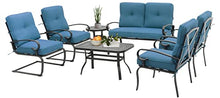 Incbruce 7 Piece Wrought Iron Patio Furniture Set Metal Outdoor Conversation Sets (Loveseat, Coffee Table and Bistro Table, 2 Spring Chair, 2 Dining Chairs) with Cushion (Peacock Blue)