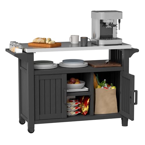 Bifanuo Outdoor Grill Table Grill Cart with Stainless Steel Top & Storage Cabinet for Food Prep and Storage, Portable and Durable with Wheels(Classic Black)
