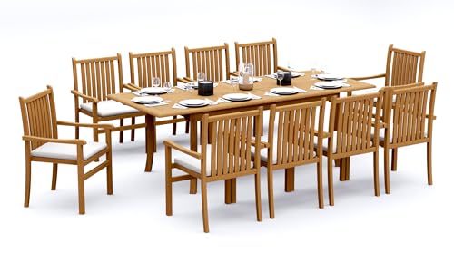 TeakStation 10 Seater Grade-A Teak Wood 11 Pc Dining Set: 94" Double Extension Rectangle Table and 10 Cahyo Stacking Arm Chairs #31CH2010