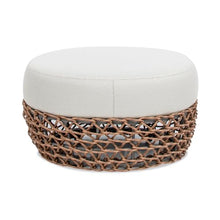 Willow 25" Round Upholstered Woven Patio Ottoman, Golden Brown Wicker Frame, Wheat Beige