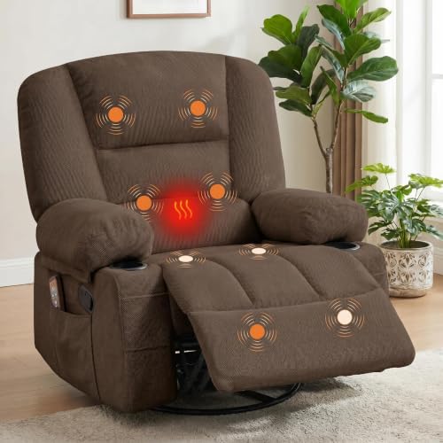 Oversized 360° Swivel Rocker Recliner Chair for Adults with Vibration Massage & Heat, Manual Glider with Deep Wide Seat, Arm Storage, Side Pocket & 2 Cup Holders - Brown Chenille
