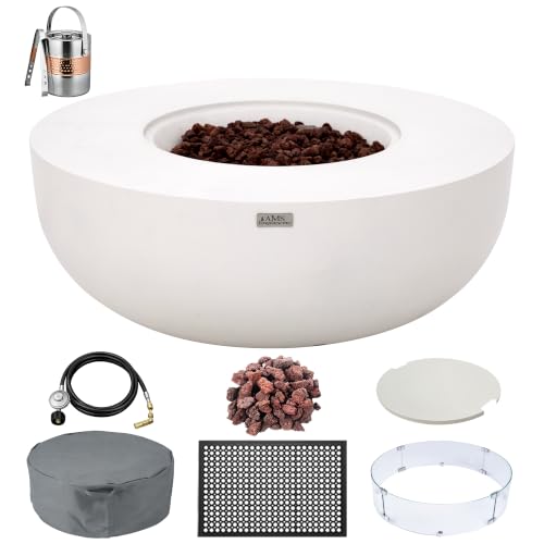 AMS 44" Round Concrete Natural Gas Fire Pit Table Bowl Bundle (Cream White)