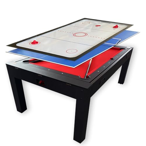 SIMBASHOPPING USA 7 FT Multi Games Pool Table Red Air Hockey + Table Tennis + Table Top - Strike Red, Black