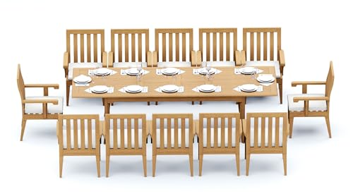 TeakFurnitureOutlet A-Grade Teak 13pc Dining 118" Rectangle Table 12 Caranas Arm Chairs Set Outdoor