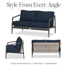 Golden Flame Outdoor Loveseat, 2-Seat Patio Sofa with Powder-Coated Aluminum Frame, Olefin Rope Back, Sunbrella Cushions - Black Finish Frame, Spectrum Indigo Fabric