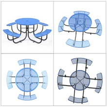 Hassyee Outdoor Blue Round Picnic Table with Build-in Benches and Umbrella Hole for Poolside, Backyard, Patio Furniture Set with Steel Legs and Safe Arc Corners for Garden