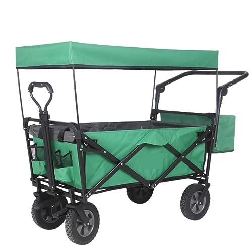 CWENZXDIA Garden Wagon Folding Garden Trolley Cart with Roof Wheels Brake Transport Metal Steel for Camping Utility Cart(Green)