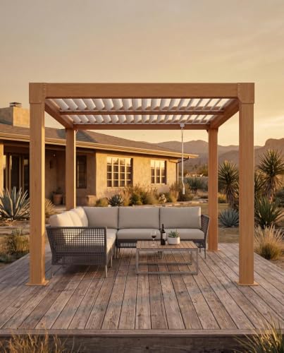 IDEALHOUSE 10' x 10' Louvered Pergola Aluminum, Outdoor Pergola with Adjustable Louvered Roof, Integrated Drainage System, Modern Outdoor Shade for Patio, Deck, Backyard, Wood Grain Finish