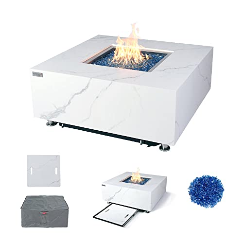 Bianco Marble Fire Pit 39.4" x 39.4" Outdoor Patio Firepit Includes Fire Glass Modern Fire Pits & Outdoor Fireplaces for Garden, Deck, Indoor & Outdoor Heating