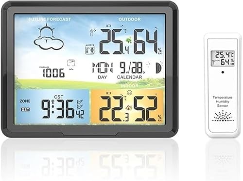 OREKPOT Indoor Outdoor Temperature Humidity Meter Multi-Functional Color Screen Weather Clock Alarm