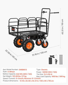 VEVOR Electric Utility Cart, 36V 432Wh Battery Powered Electric Wagon, 500W Power Wheelbarrow with Brake, 660 lbs Load Heavy Duty Steel Garden Cart for Farm and Yard All Purpose Modular Cargo Bed