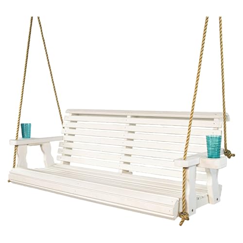 KEG801302 Garden Bench Outdoor Swing Leisure Roll Back Suspended Chair Swing Wooden Swing with Suspension Rope Cup Holder Porch Bench