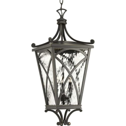 Progress Lighting Cadence Collection 3-Light Clear Water Seeded Glass Luxe Outdoor Hanging Lantern Light Oil Rubbed Bronze