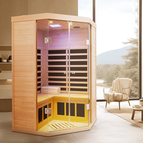 GDFStudio 47.24" 2 Person Hemlock Far Infrared Corner Sauna Large Glass Front Deluxe Transparent Cabin 1520W 7 Panel Heater 110V/120V APP Control Bluetooth Audio LED Light Spa Room
