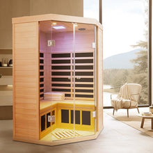 GDFStudio 47.24" 2 Person Hemlock Far Infrared Corner Sauna Large Glass Front Deluxe Transparent Cabin 1520W 7 Panel Heater 110V/120V APP Control Bluetooth Audio LED Light Spa Room