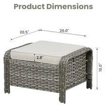Seeheool Outdoor PE Wicker Ottomans Set of 2, Patio Gray Rattan Footrests with Beige Cushion for Backyard or Deck