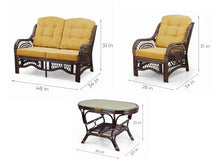 Malibu Lounge Set of 4: 2 Natural Rattan Wicker Chairs, Loveseat with Light Brown Cushions and Coffee Table w/Glass Handmade, Dark Brown