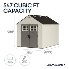 Suncast 8x10 Ft. Outdoor Storage Shed - Large Resin Outdoor Shed with Floor Included, Lockable Double Doors & Skylights. 547 Cu Ft Tremont Garden Resin Sheds for Lawn Tools, Riding Mowers, & Bikes