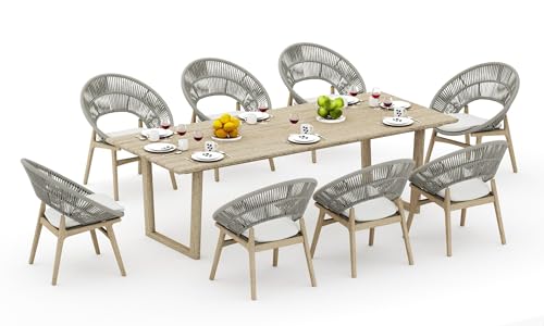 WholesaleTeak 8 Seats 9 Pcs Grade-A Weathered Teak Wood Dining Set: 98" SEMA Rectangle Table and 8 Robas Arm Chairs #11Ro3308