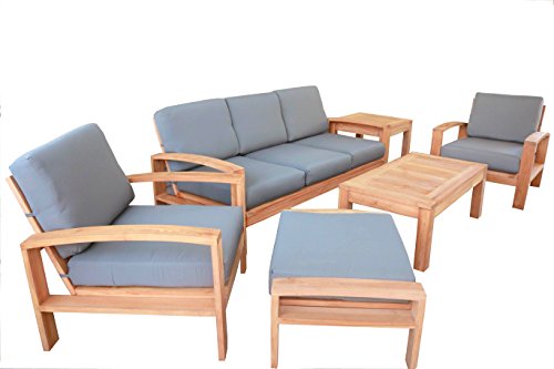 6 PC A Grade Outdoor Patio Teak Sofa Set - 3-Seater Sofa, 2 Deep Seating Club Chairs, 1 Side Table, 1 Rectangle Coffee Table and 1 Ottoman-Furniture Only - Cadras Collection