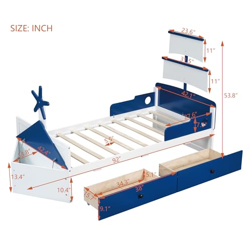 Bellemave Twin Size Boat-Shaped Kids Bed with Storage Drawers Blue