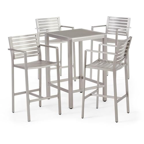 Noble House Cape Coral 5 Pc Aluminum Bar Set with Grey Tempered Glass Top