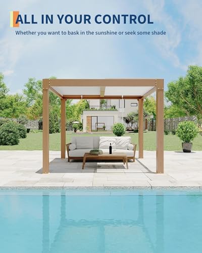 Louvered Pergola 10 ft X10 with Independent Adjustable Rainproof Roof, Reinforced Aluminum Frame, Integrated Drainage System, Hardtop Gazebo for Outdoor Deck Garden Patio, Wood Grain