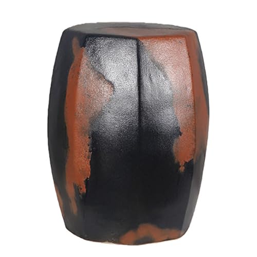 JS Space Chinoiserie Ceramic Drum Stool, Kiln-Changed Red Glazed Garden Stool with Handcrafted Vertical Texture, Decorative Porcelain Plant Stand for Living Room, Patio, Balcony Black