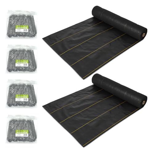 Dewitt 2 Pack P4 Pro 5 5oz 4' x 250' Landscape Weed Barrier Ground Fabric and 6 Inch U-Shaped Rounded Top Anchor Pins for Landscaping, 400 Count