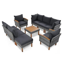 Merax Outdoor Patio Furniture Sets, Free Combination Rattan Sofa with Wood Tabletop, 9-piece, Grey