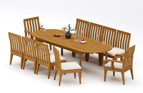 TeakStation 10 Seater Grade-A Teak Wood 11 Pc Dining Set: 118" Double Extension Oval Table and 10 Caranas Chairs (2 Arm & 8 Armless Chairs) #31Ca2602