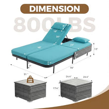 NICESOUL 3-Piece Double Chaise Lounge Set, 51.2" Wide 2-Person Daybed with 2 Wicker Side Tables, Independent Adjustable Backrests, 4" Thick Cushions, Heavy Duty Sunbed for Patio Pool Garden
