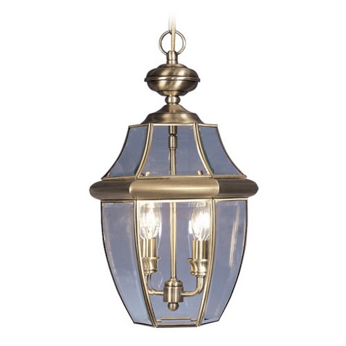 Livex Lighting 2255-01 Monterey 2 Light Outdoor Antique Brass Finish Solid Brass Hanging Lantern with Clear Beveled Glass