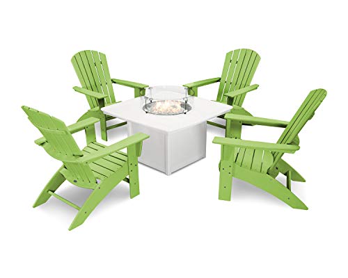Polywood Nautical 5-Piece Curveback Adirondack Chair Conversation Set with Fire Pit Table Lime/White