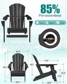 PLUUV Adirondack Chair Set of 6, Fire Pit Chairs with Cup Holder, Black