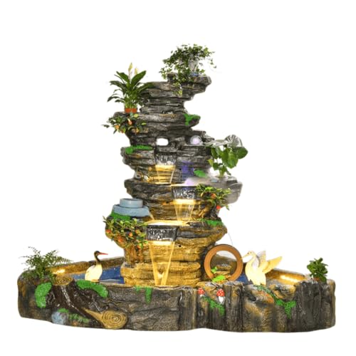 Large Multi-Tier Rockery Waterfall Fountain with LED Lights, Natural Zen Garden Decoration, Indoor & Outdoor Water Feature with Pond for Home, Office, Patio, or Yard(B)
