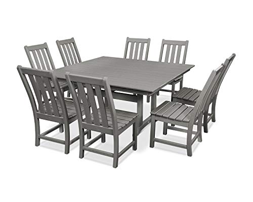 Polywood Vineyard 9-Piece Farmhouse Dining Set, Slate Grey - Large Outdoor Patio Dining Table with 8 Chairs - Premium HDPE Lumber Furniture for Deck, Garden & Backyard - Seats 8 People Comfortably