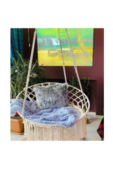 Handmade Macrame Swing Chair 59.1 in Height Ecru Cotton Rope, Indoor/Outdoor Use, Single Person Capacity, Modern Style with Steel Anchor for Garden and Balcony