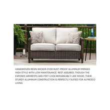 BOWERY HILL Patio Loveseat, Medium Brown Finish, Handwoven All-Weather Resin Wicker, Rust-Proof Aluminum Frame, Plush Cushions and Nuvella Fabric, 58.25" W x 36" D x 39" H Outdoor Sofa for Alfresco