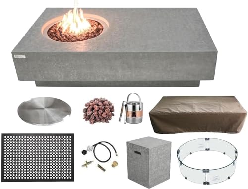 Elementi Metropolis Gas Fire Pit Bundle Concrete Fire Table, Outdoor Fire Pit Electronic Ignition | Canvas Cover, Lava Rock Included | Free Wind Guard | Light Gray (Propane Gas)