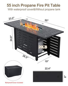 GarveeLife 55" Propane Fire Pit Table, 48000 BTU Gas Fire Pit Table with Ignition System, Outdoor Fire Table with Glass Rocks for Patio Garden Backyard, Rain Cover and Wind Guard Glass Included