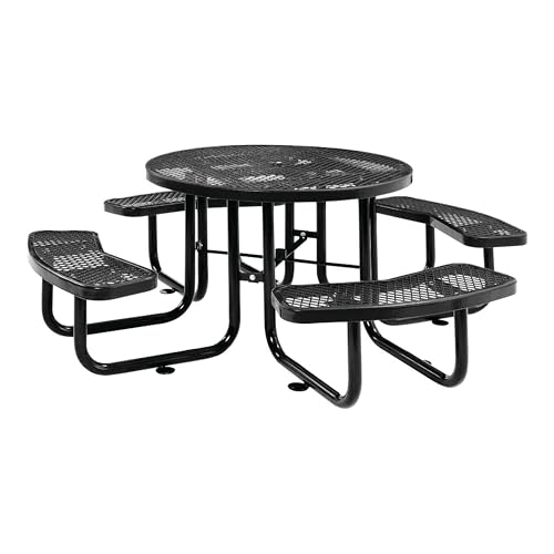 LAUCO 46-Inch Round Metal Picnic Table with Attached Benches, Black Thermoplastic Coated, Expanded Metal Construction, 1000 lb Capacity, Outdoor Use 36035