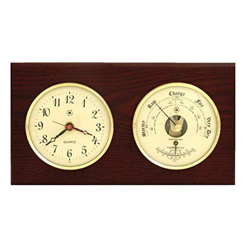 Bey-Berk WS213 Quartz Clock and Barometer with Thermometer on Mahogany Wood with Brass Bezel. Wall Mounts Vertically or Horizontally, Brown