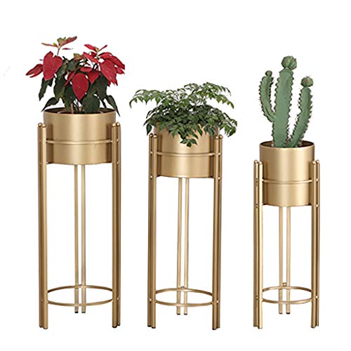 KAJIAO Plant Stand Set - 3-Piece Modern Planter with Tall Metal Stand - Decorative Standing Flower Pot Holder Indoor Outdoor Garden Patio Home Decor(Gold)